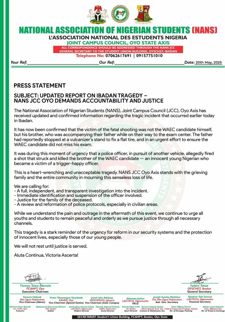 Ibadan Tragedy: NANS JCC Oyo Calls for Accountability and Justice in Updated Report - Loadedmore.ng